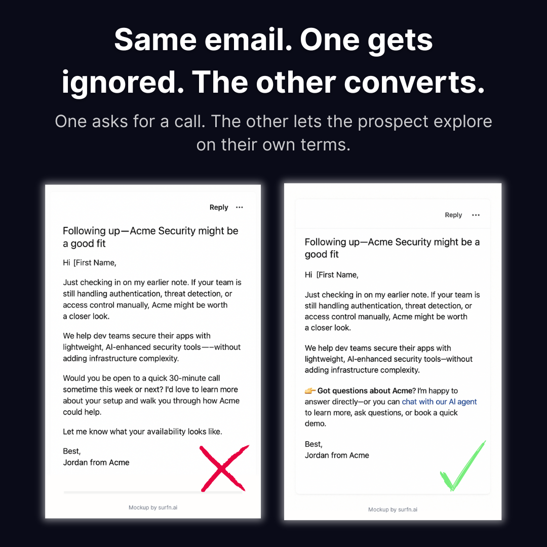 Side-by-side follow-up emails: one asks for a 30-minute call and is ignored, the other offers an AI agent for questions and gets a response.
