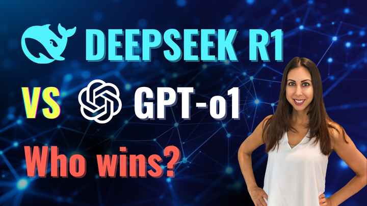 YouTube thumbnail for ‘DeepSeek R1 vs GPT-o1: Who Wins?’. Logos, bold text, and Rupali Renjen on a tech-themed background.