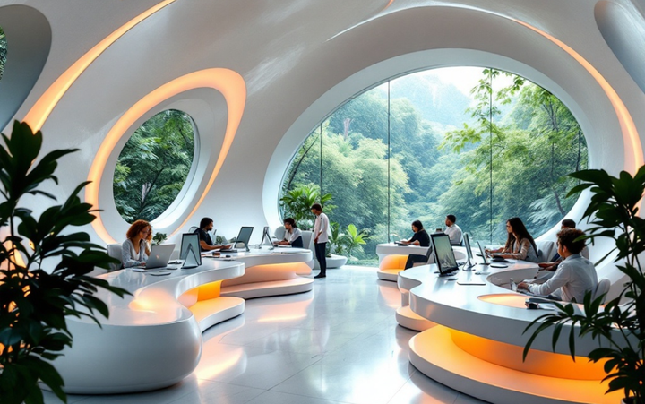 A futuristic office with workers surrounded by lush greenery, representing AI innovation and workplace transformation